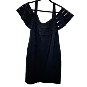 Adrianna Papell Mesh Illusion Dress 14 Black Women Off Cold Shoulder Lined Short